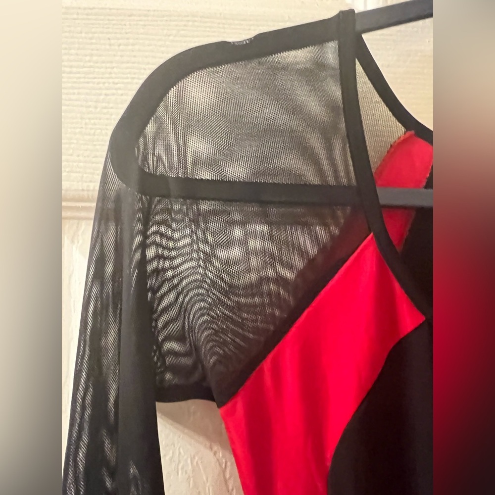 Symphony Black and Red Mesh-Sleeve Bodycon Dress - Picture 3 of 7